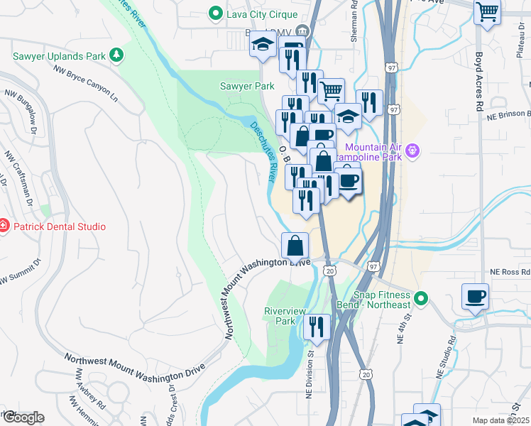 map of restaurants, bars, coffee shops, grocery stores, and more near 3126 Northwest Quiet River Lane in Bend