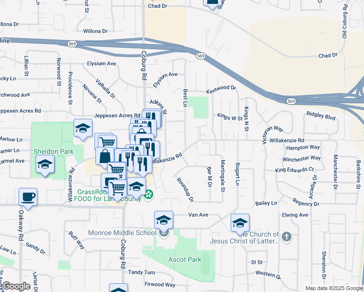 map of restaurants, bars, coffee shops, grocery stores, and more near 1668 Best Lane in Eugene
