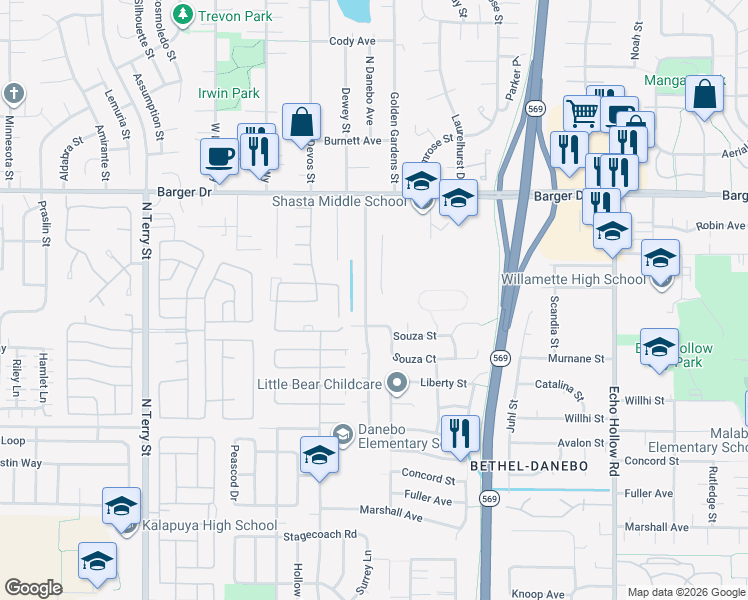 map of restaurants, bars, coffee shops, grocery stores, and more near 1815 North Danebo Avenue in Eugene