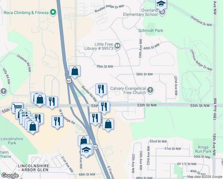 map of restaurants, bars, coffee shops, grocery stores, and more near 2700 57th Street Northwest in Rochester