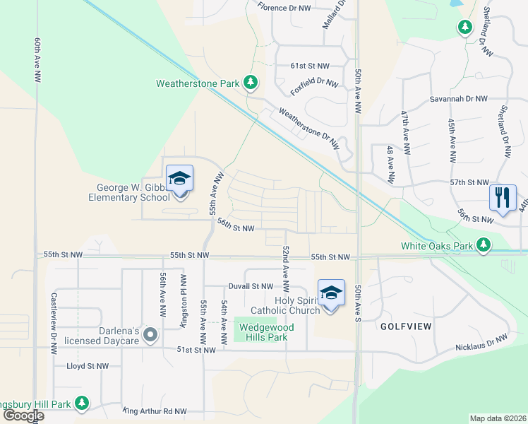 map of restaurants, bars, coffee shops, grocery stores, and more near 5252 Harvest Lake Drive Northwest in Rochester