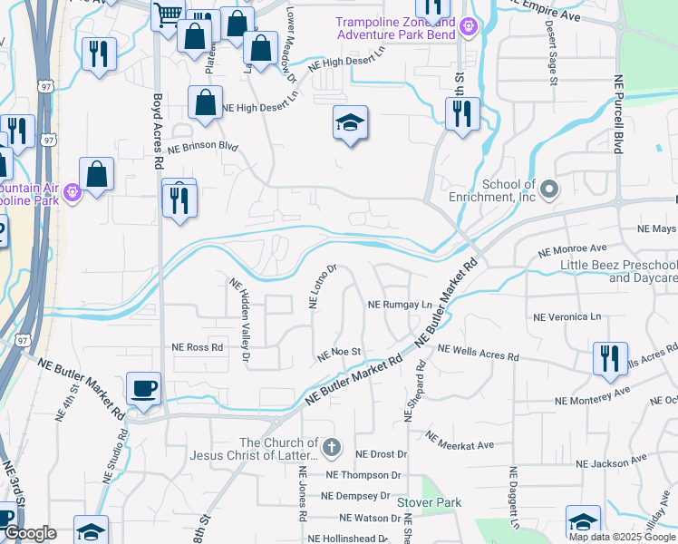 map of restaurants, bars, coffee shops, grocery stores, and more near 2913 Northeast Lotno Drive in Bend