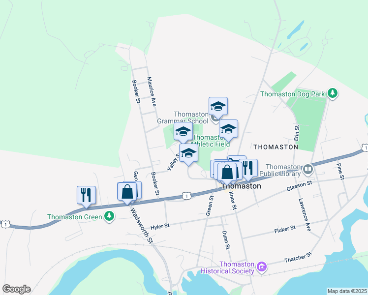 map of restaurants, bars, coffee shops, grocery stores, and more near 47 Valley Street in Thomaston