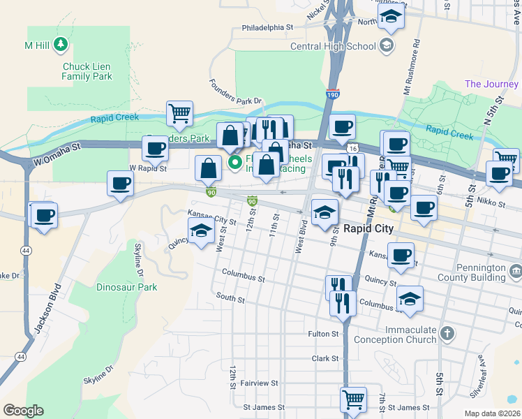 map of restaurants, bars, coffee shops, grocery stores, and more near 1117 Saint Joseph Street in Rapid City