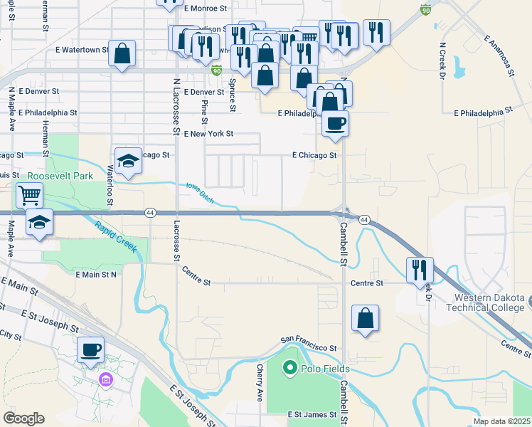 map of restaurants, bars, coffee shops, grocery stores, and more near 818 East Omaha Street in Rapid City