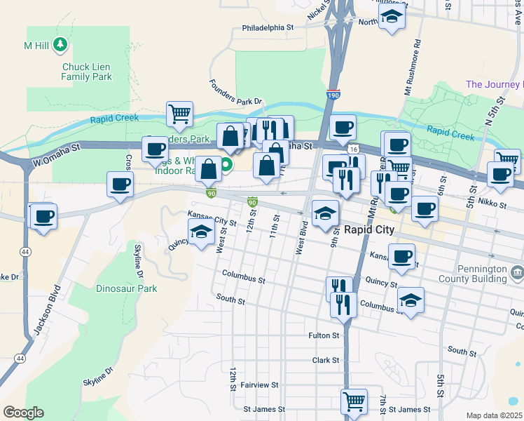 map of restaurants, bars, coffee shops, grocery stores, and more near 1114 Interstate 90 Business Loop in Rapid City