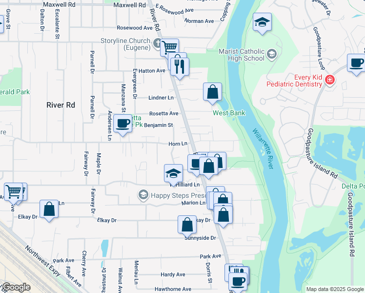 map of restaurants, bars, coffee shops, grocery stores, and more near 1216 River Road in Eugene
