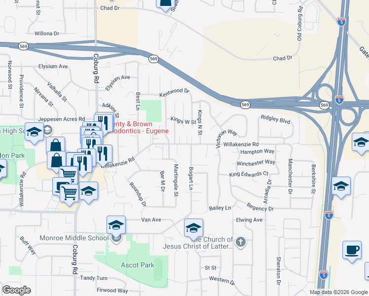 map of restaurants, bars, coffee shops, grocery stores, and more near 3081 Willakenzie Road in Eugene