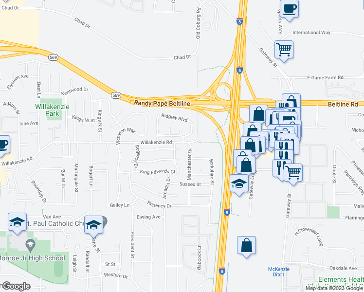 map of restaurants, bars, coffee shops, grocery stores, and more near 3479 Hampton Way in Eugene
