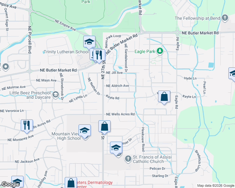 map of restaurants, bars, coffee shops, grocery stores, and more near 2793 Northeast Aldrich Avenue in Bend