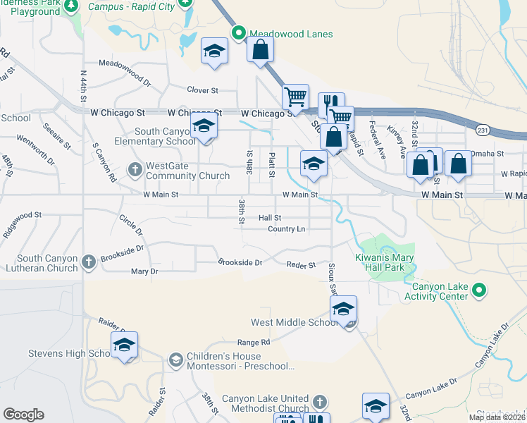 map of restaurants, bars, coffee shops, grocery stores, and more near 505 37th Street in Rapid City