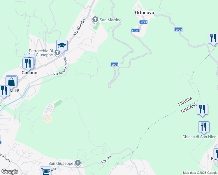 map of restaurants, bars, coffee shops, grocery stores, and more near Strada Provinciale 24 in Provincia della Spezia