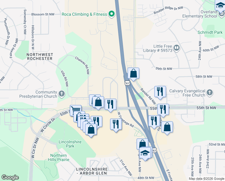 map of restaurants, bars, coffee shops, grocery stores, and more near 5711 Silas Dent Road Northwest in Rochester