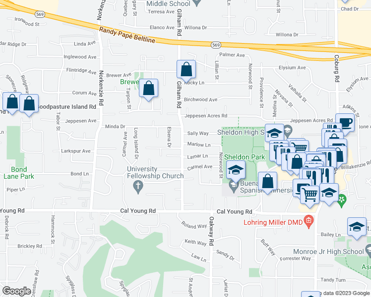 map of restaurants, bars, coffee shops, grocery stores, and more near 1765 Gilham Road in Eugene