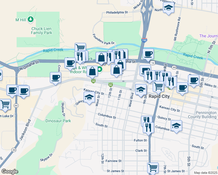 map of restaurants, bars, coffee shops, grocery stores, and more near 601 12th Street in Rapid City