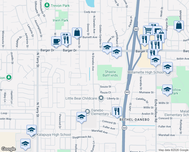map of restaurants, bars, coffee shops, grocery stores, and more near 1815 North Danebo Avenue in Eugene
