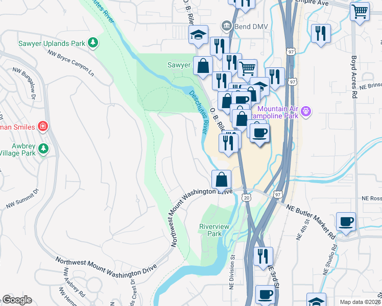 map of restaurants, bars, coffee shops, grocery stores, and more near Northwest Golf View Drive in Bend