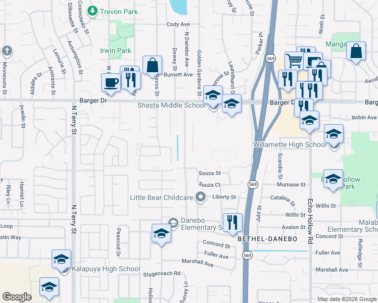 map of restaurants, bars, coffee shops, grocery stores, and more near 1815 North Danebo Avenue in Eugene