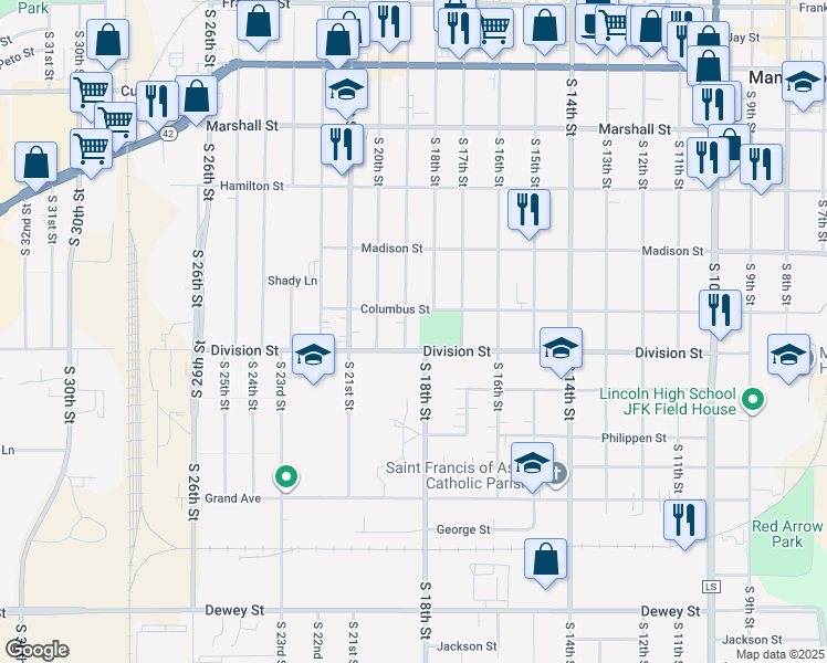 map of restaurants, bars, coffee shops, grocery stores, and more near 1808A Columbus Street in Manitowoc