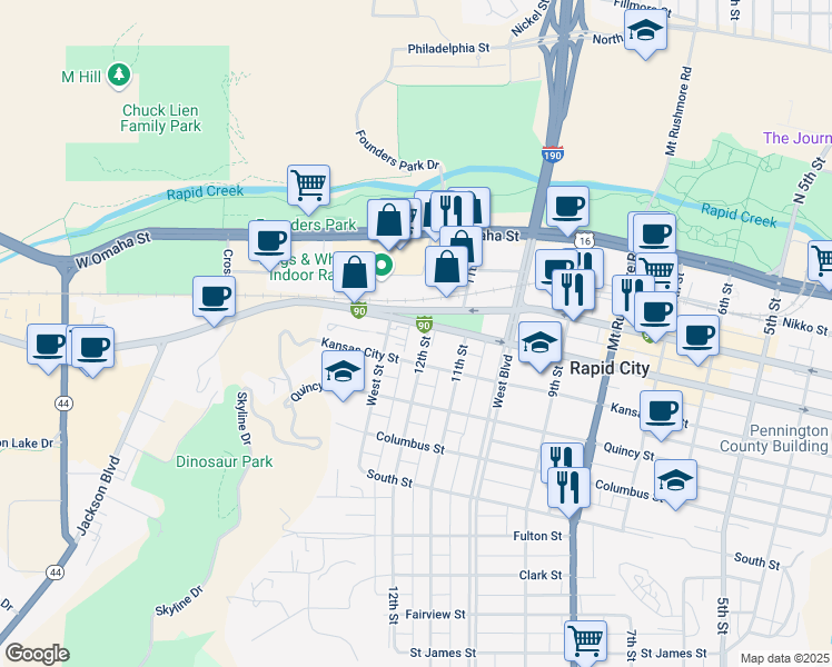 map of restaurants, bars, coffee shops, grocery stores, and more near 601 12th Street in Rapid City