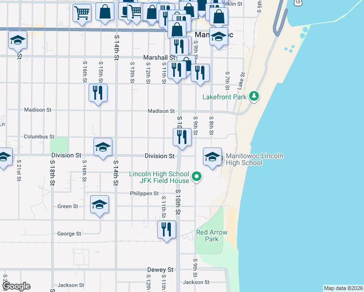 map of restaurants, bars, coffee shops, grocery stores, and more near 915 Columbus Street in Manitowoc