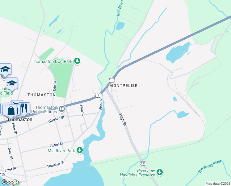 map of restaurants, bars, coffee shops, grocery stores, and more near 30 High Street in Thomaston