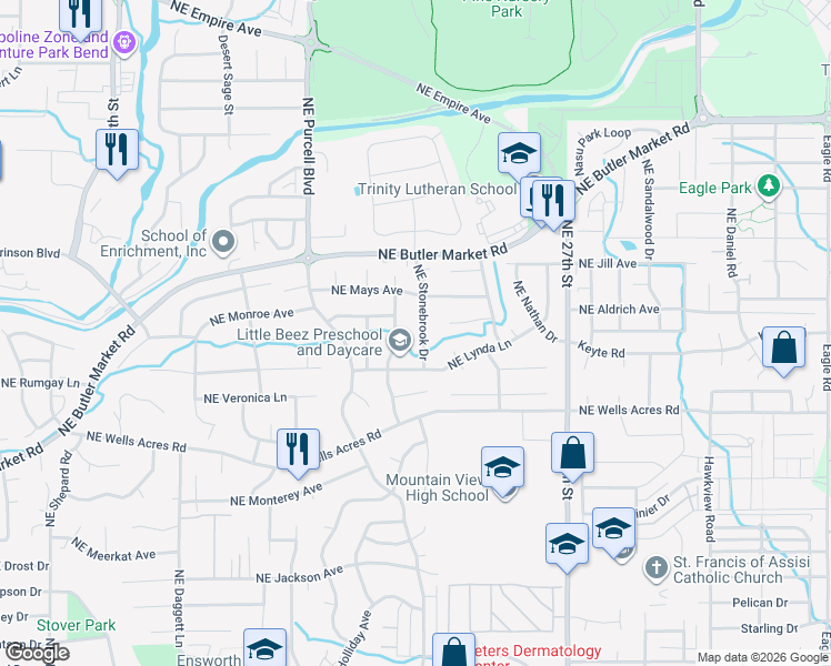 map of restaurants, bars, coffee shops, grocery stores, and more near 3091 Northeast Stonebrook Drive in Bend