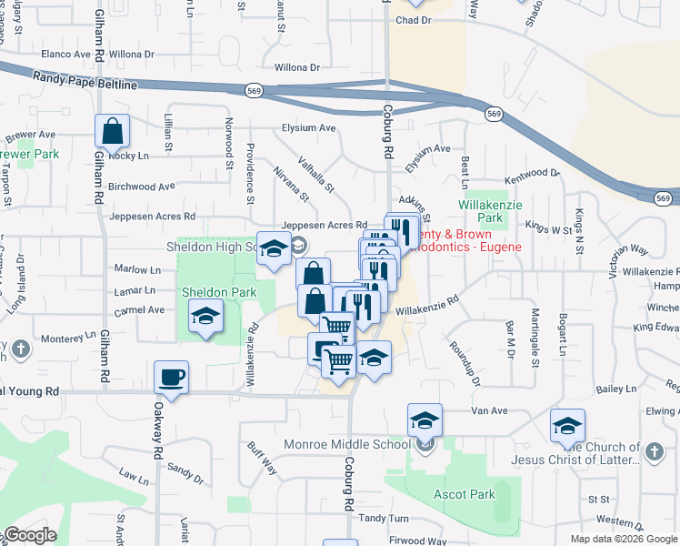 map of restaurants, bars, coffee shops, grocery stores, and more near 2555 Willakenzie Road in Eugene