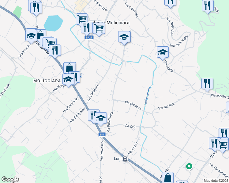 map of restaurants, bars, coffee shops, grocery stores, and more near 61 Via Palvotrisia in Colombiera-molicciara