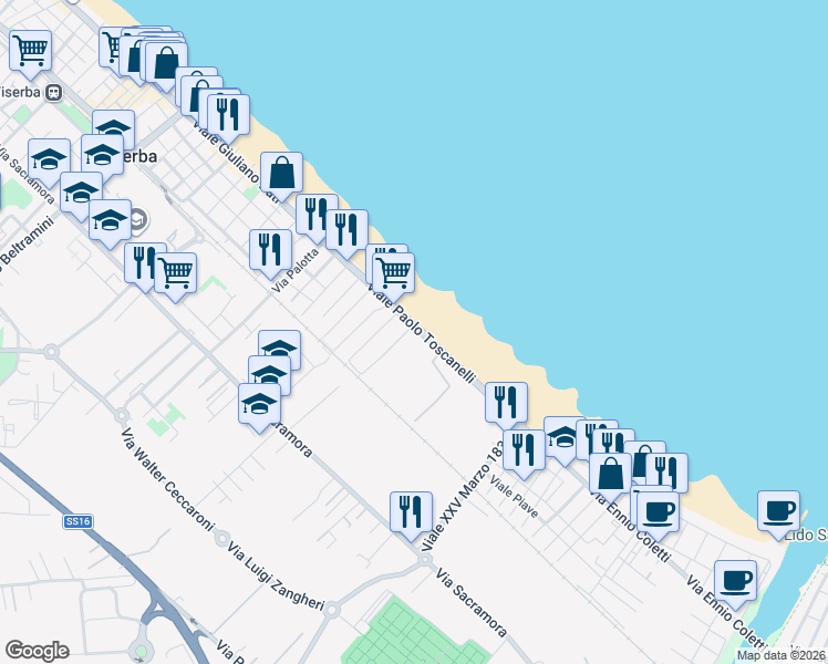 map of restaurants, bars, coffee shops, grocery stores, and more near 2 Viale Monte Grappa in Rimini