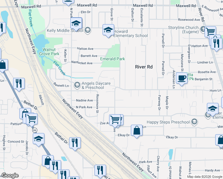 map of restaurants, bars, coffee shops, grocery stores, and more near 1635 Rosy Turn in Eugene