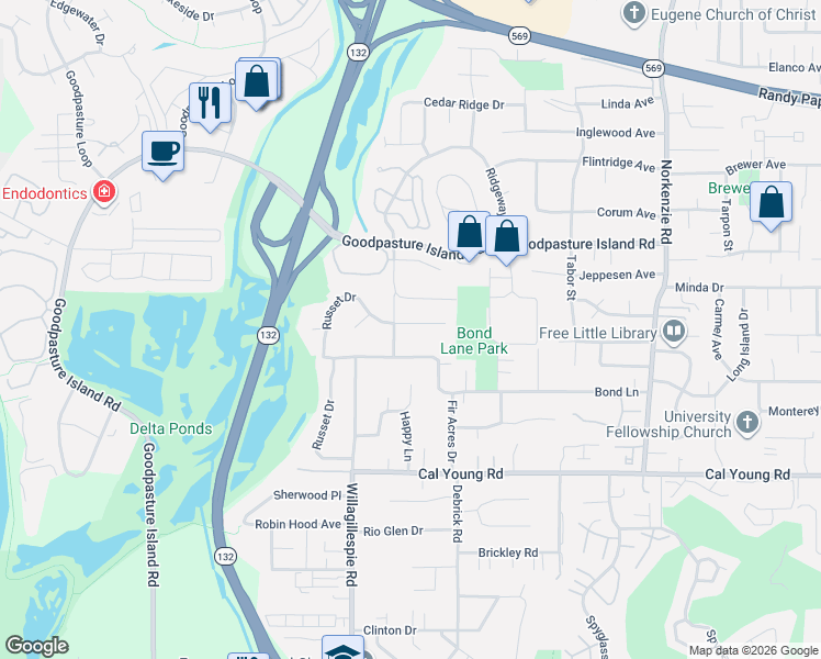 map of restaurants, bars, coffee shops, grocery stores, and more near 1829 Russet Drive in Eugene