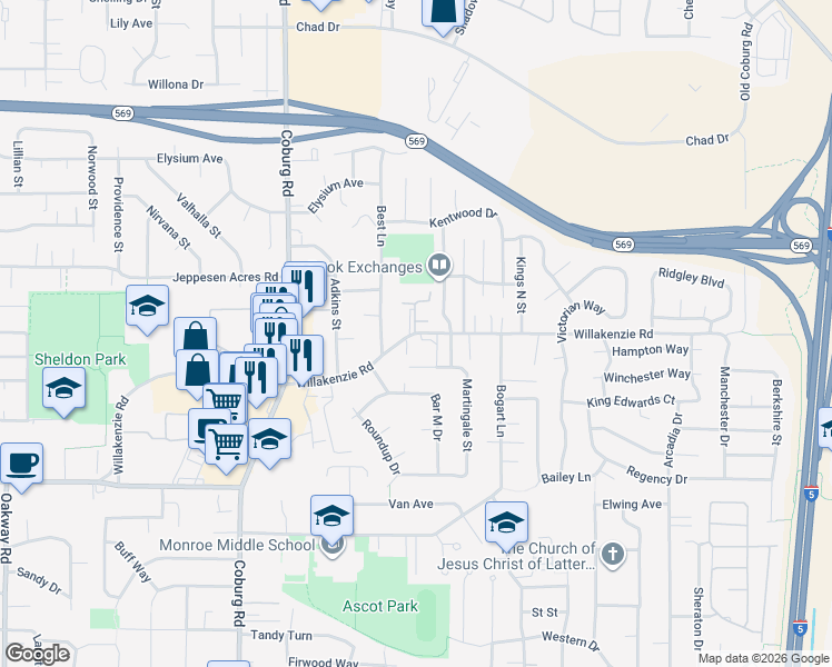 map of restaurants, bars, coffee shops, grocery stores, and more near 3057 Willakenzie Road in Eugene