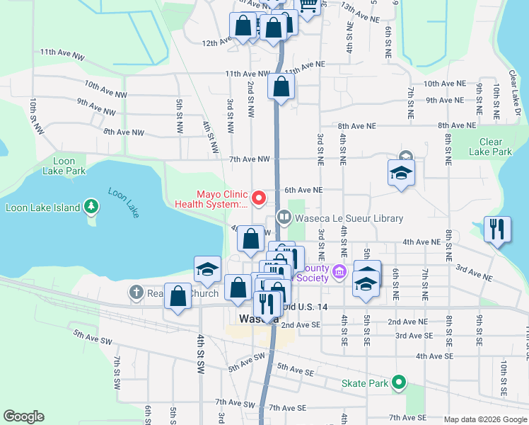 map of restaurants, bars, coffee shops, grocery stores, and more near 501 North State Street in Waseca