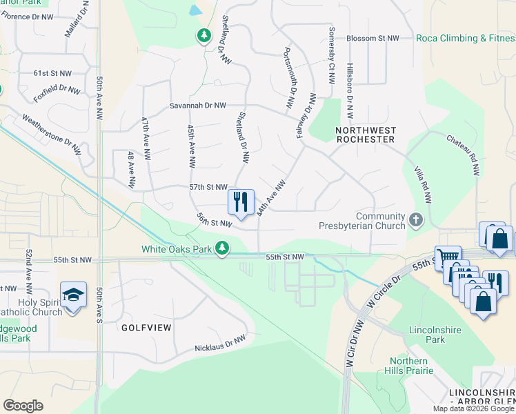 map of restaurants, bars, coffee shops, grocery stores, and more near 4410 57th Street Northwest in Rochester