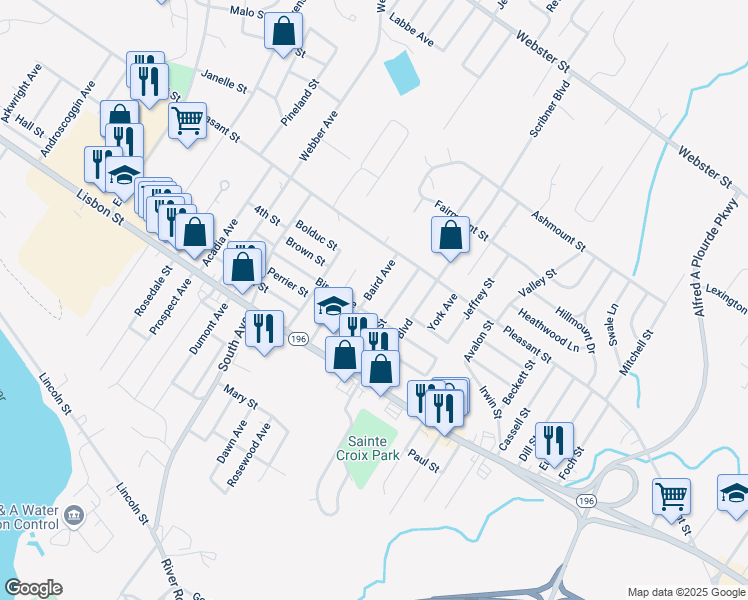 map of restaurants, bars, coffee shops, grocery stores, and more near 66 Baird Avenue in Lewiston