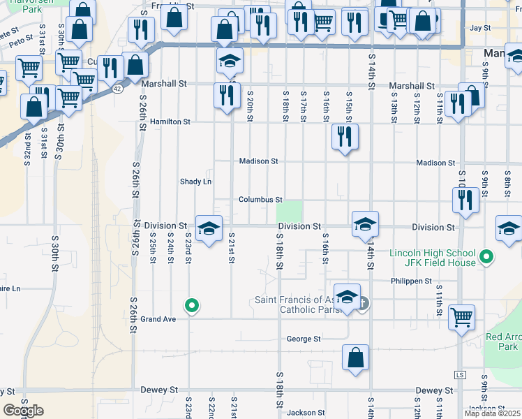 map of restaurants, bars, coffee shops, grocery stores, and more near 1401 South 20th Street in Manitowoc