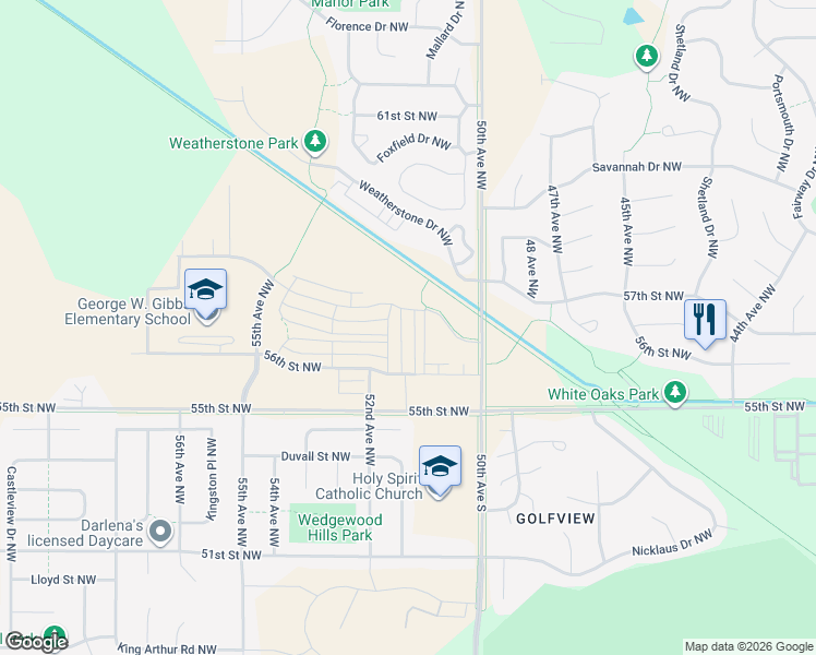 map of restaurants, bars, coffee shops, grocery stores, and more near 5694 Harvest Moon Boulevard Northwest in Rochester