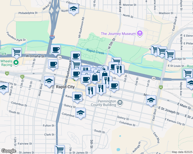 map of restaurants, bars, coffee shops, grocery stores, and more near in Rapid City