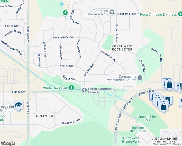 map of restaurants, bars, coffee shops, grocery stores, and more near 5718 44th Avenue Northwest in Rochester