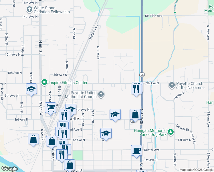map of restaurants, bars, coffee shops, grocery stores, and more near 1226 7th Avenue North in Payette