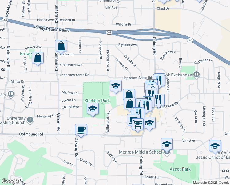 map of restaurants, bars, coffee shops, grocery stores, and more near 2455 Willakenzie Road in Eugene