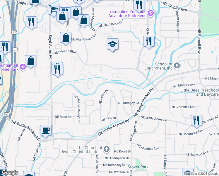 map of restaurants, bars, coffee shops, grocery stores, and more near 2913 Northeast Lotno Drive in Bend