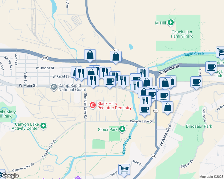 map of restaurants, bars, coffee shops, grocery stores, and more near 2335 West Main Street in Rapid City