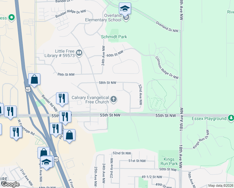 map of restaurants, bars, coffee shops, grocery stores, and more near 2322 Stanley Lane Northwest in Rochester