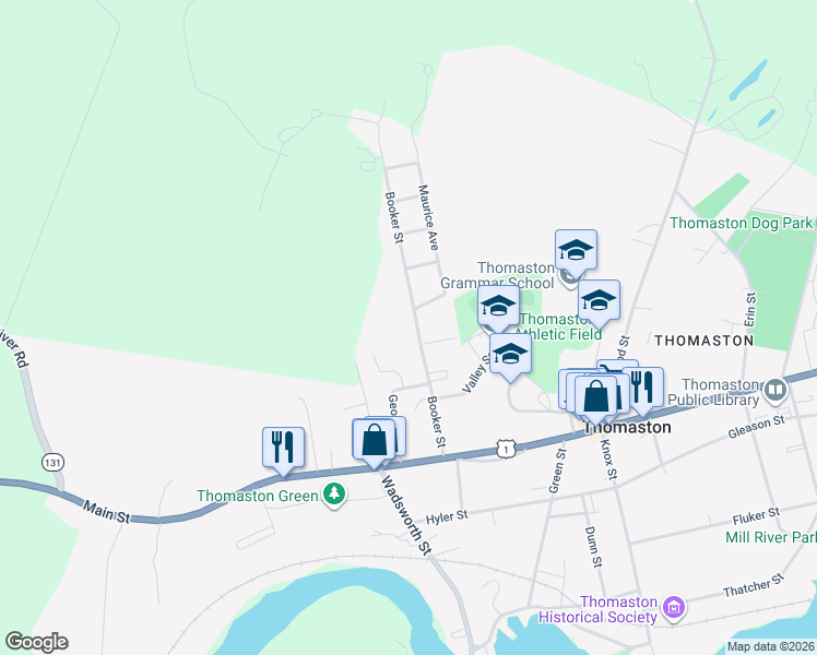 map of restaurants, bars, coffee shops, grocery stores, and more near 60 Booker Street in Thomaston