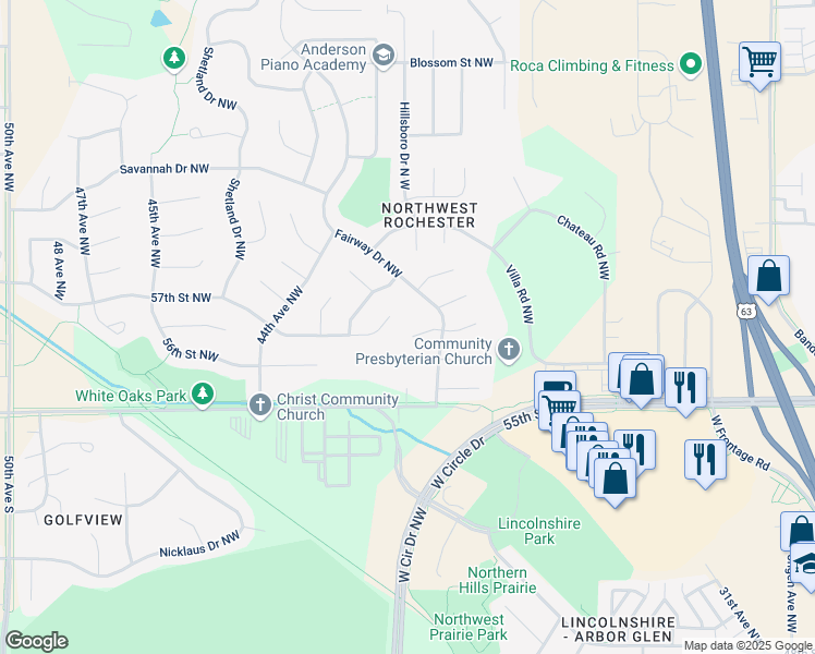 map of restaurants, bars, coffee shops, grocery stores, and more near 4027 Huntington Lane Northwest in Rochester