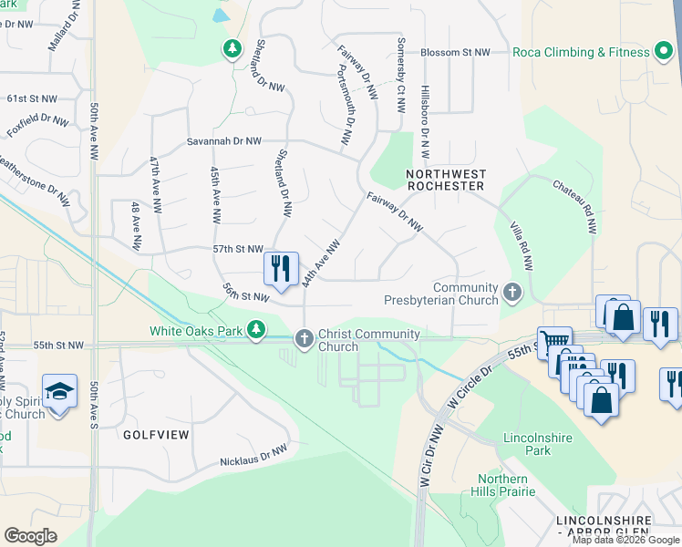 map of restaurants, bars, coffee shops, grocery stores, and more near 5718 44th Avenue Northwest in Rochester