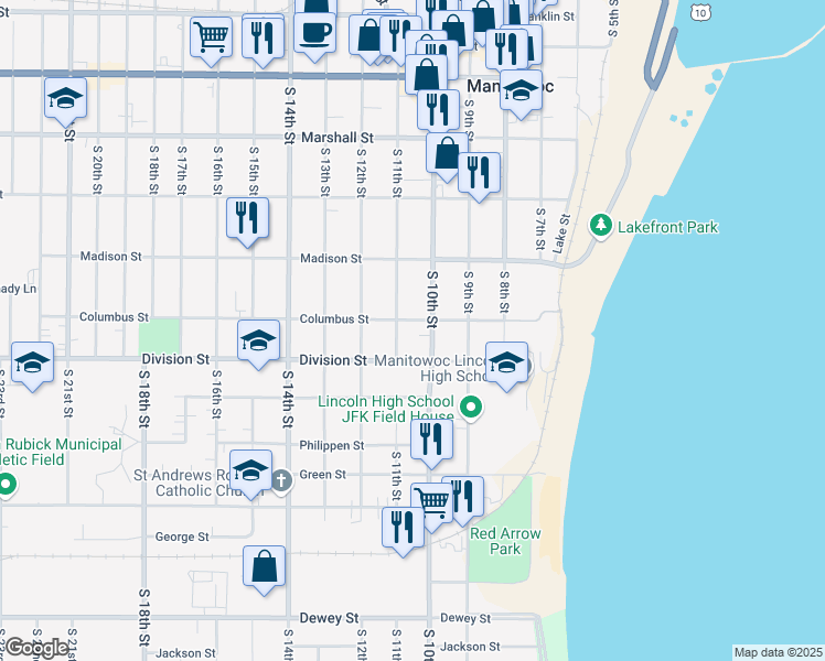 map of restaurants, bars, coffee shops, grocery stores, and more near 1011 Columbus Street in Manitowoc