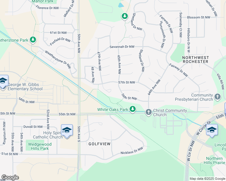map of restaurants, bars, coffee shops, grocery stores, and more near 5606 White Oaks Lane Northwest in Rochester